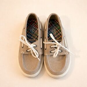 Kids Sperry Top-Sider Beige Tan Canvas Boat Lace Up Casual Deck Shoes Preppy 3M